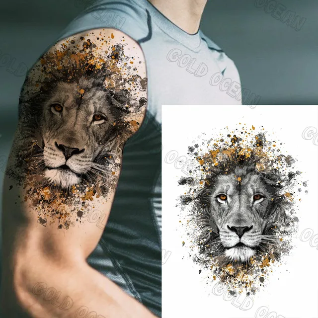 Tatouage temporaire Lion aquarelle 3D grande taille pour hommes adultes, tigre réaliste, autocollant de transfert, Art corporel 2