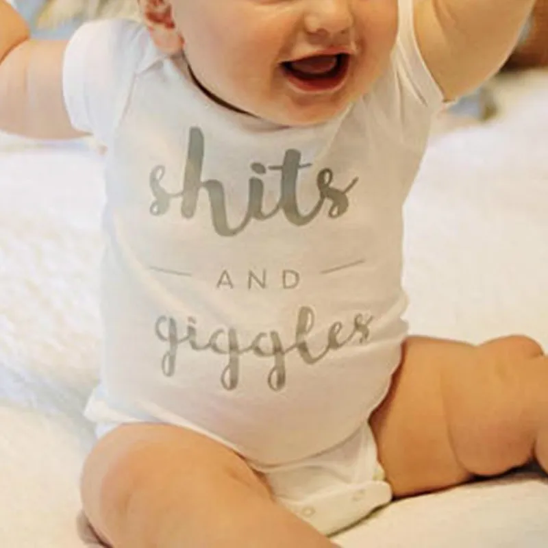 

Newborn Onesie Lovely Baby Shits and Giggles Letter Print Short Sleeve White Bodysuit Cotton Unisex Infant Toddler Bodysuit