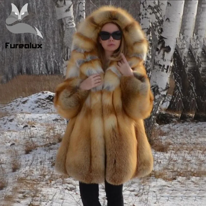 Furealux роскошное пальто из натурального красного лисьего меха с капюшоном Женская