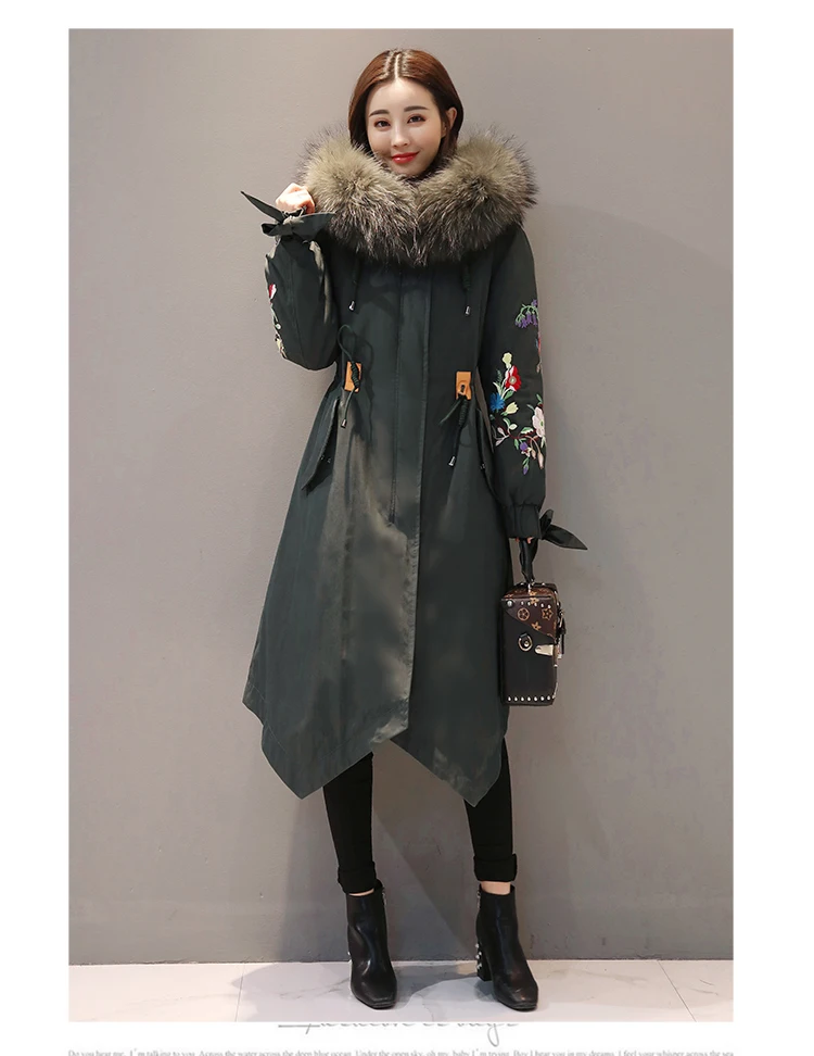 Одежда в китайском национальном стиле, пуховое хлопковое пальто, женская зимняя куртка с воротником из натурального меха, Женская винтажная парка с вышивкой, A613 - Цвет: real hair amy green