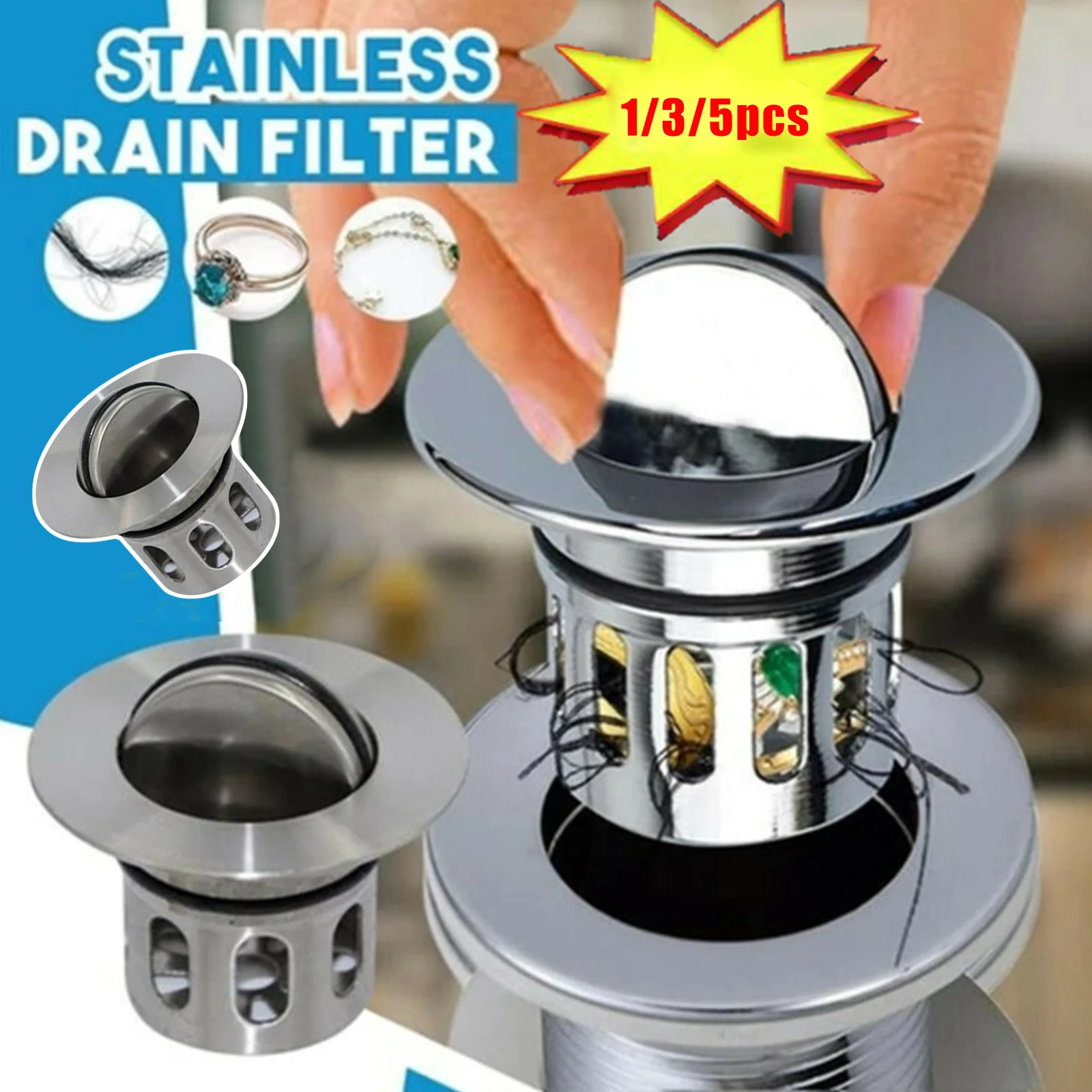 1/3/5pc Universal Wash Basin Bounce Drain Filter Sink Vanity Stopper Bathroom Accessories Bathtub Plug Hair Catcher Faucet | Обустройство