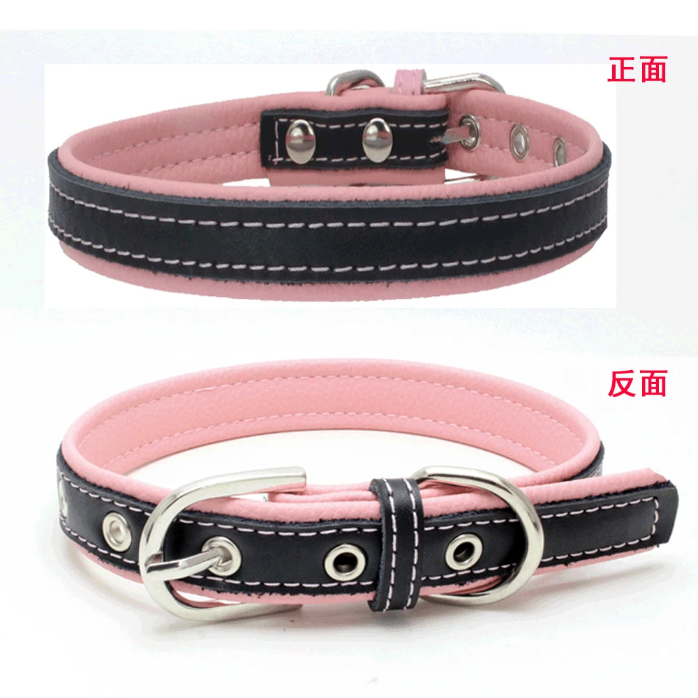Pink Контрастный кожаный ошейник для питомца из нержавеющей стали с железной надписью ошейник для собаки кожаный поводок - Цвет: Pink