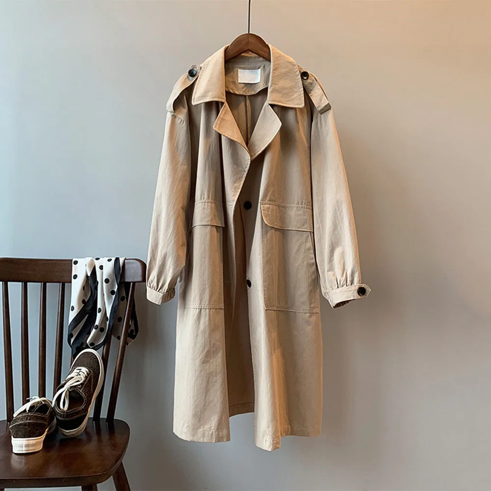 Fall Chic Khaki Trench Coat Women Javanese Korean Fashion Thin Pure Gray Minimalist Coats Casual Oversize Female Outwear