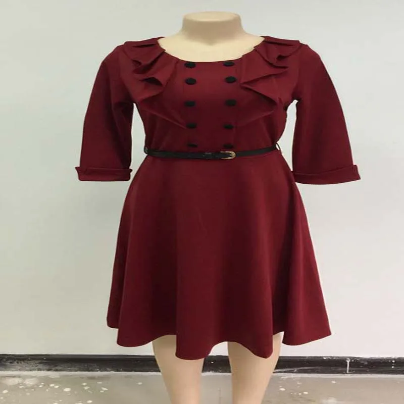 Платье женское ТРАПЕЦИЕВИДНОЕ с рюшами на пуговицах высокой талией и