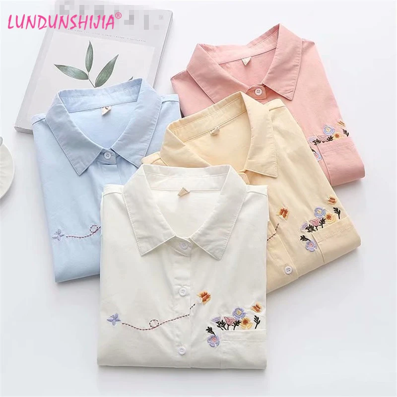 LUNDUNSHIJIA Women Small Flowers Butterfly Embroidery Cotton Shirt Female Long Sleeve Blouse 2021 New Spring Women Tops ladies white shirt
