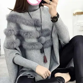 

Womens Plus Size Slim Cape Coat Poncho High Neck Cape Cloak Jacket Long Knitted Warm Grey Shawl Coat