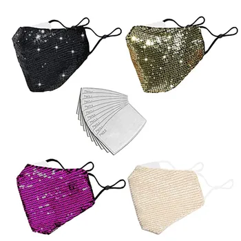 

4PC Mask With 10 Filters Outdoor Masks Washable Reusable Masks Sequined Protective Face Mask Ear Hook Face Shield Mouth Caps
