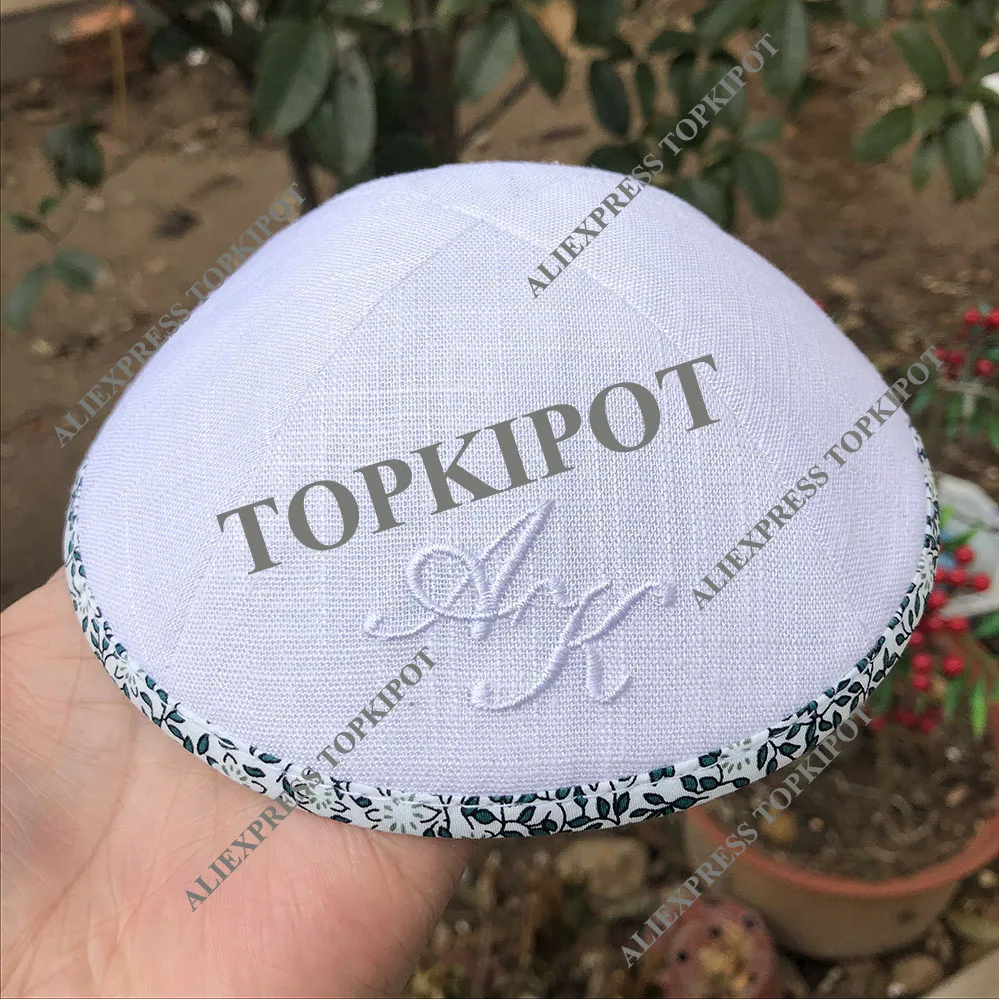 Белый льняной кипот индивидуальный kippot kippah с вышитым логотипом темно синего
