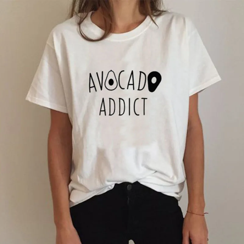 

avocado addict top tees Women's Short sleeve O neck Tshirt 100% Cotton Funny Cute Letter print Graphic T-shirts For Ladies