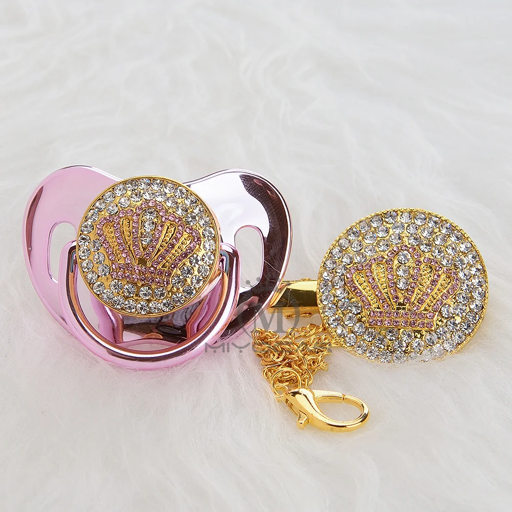 Chupeta e Clipe de Chupeta Miyocar Ouro Bonito Bling Rosa Coroa Conjunto Bpa Livre Manequim Design Exclusivo Apcb-8 10 Cheap Estojos e corrente p chupetas