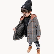 Плотные куртки новое пальто в клетку для мальчиков шерстяное пальто с капюшоном в стиле пэчворк для детей, осенняя теплая верхняя одежда для мальчиков 6, 8, 10, 12, 14 лет