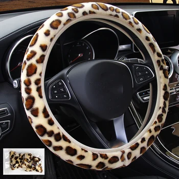 

Leopard Steering Wheel Cover Print Plush Elastic Section Car Steering Wheel Braid Cover Auto DIY Car Accessories Anti-Slip Soft