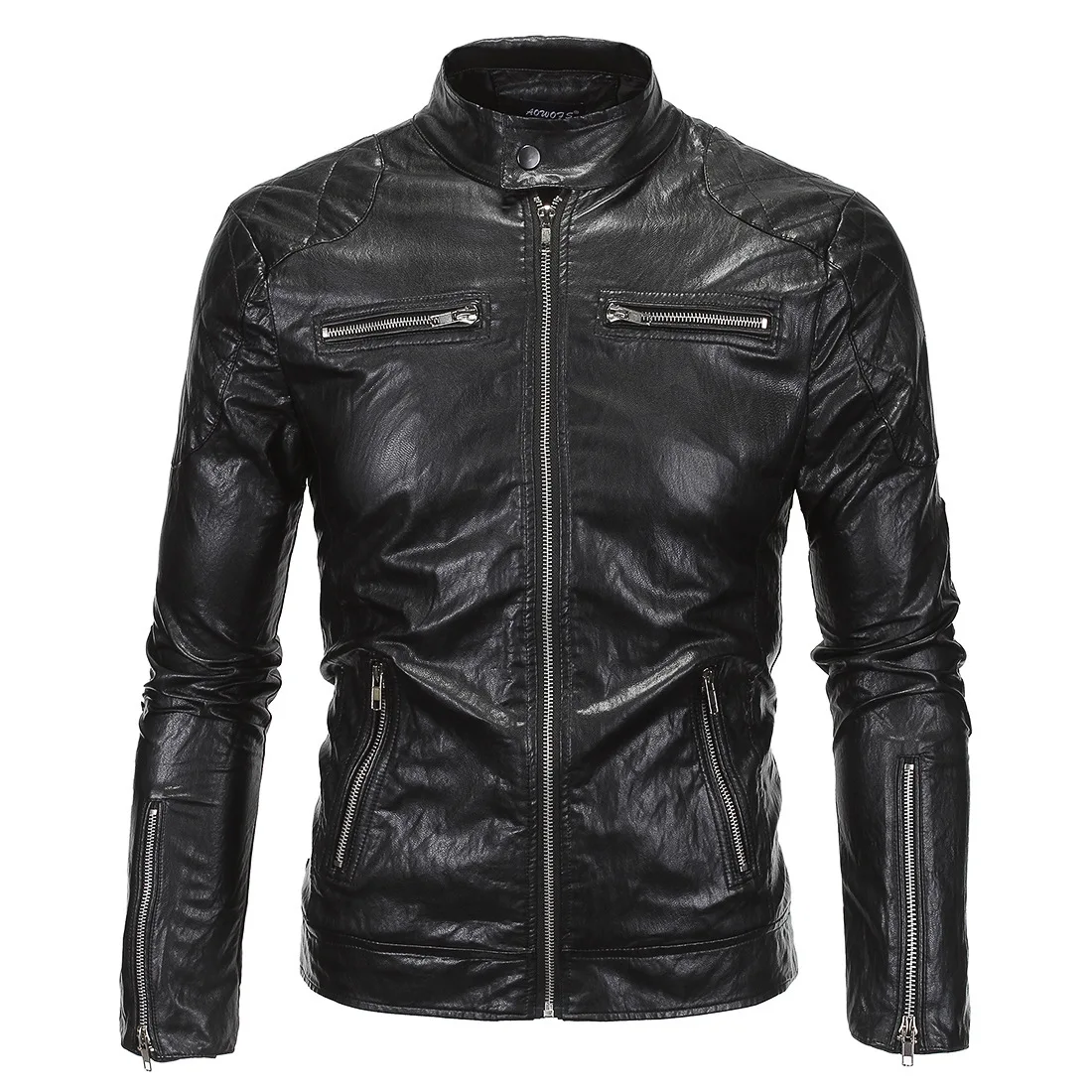 Мужская куртка в стиле панк, AliExpress, Мужская одежда, английское кожаное пальто со стоячим воротником, повседневное приталенное кожаное пальто