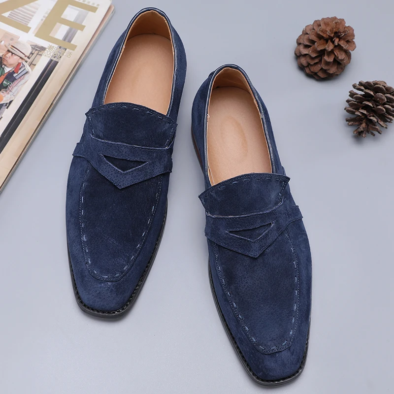 

Brand Leather Shoes Men Italian Men'S Dress Shoes 2019 High-End Custom Flock Big Size Office Business Loafers Men Shoes