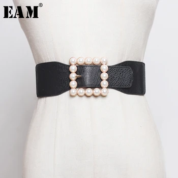 

[EAM] Pu Leather Pearl Buckle Split Joint Long Wide Belt Personality Women New Fashion Tide All-match Spring 2020 1N843