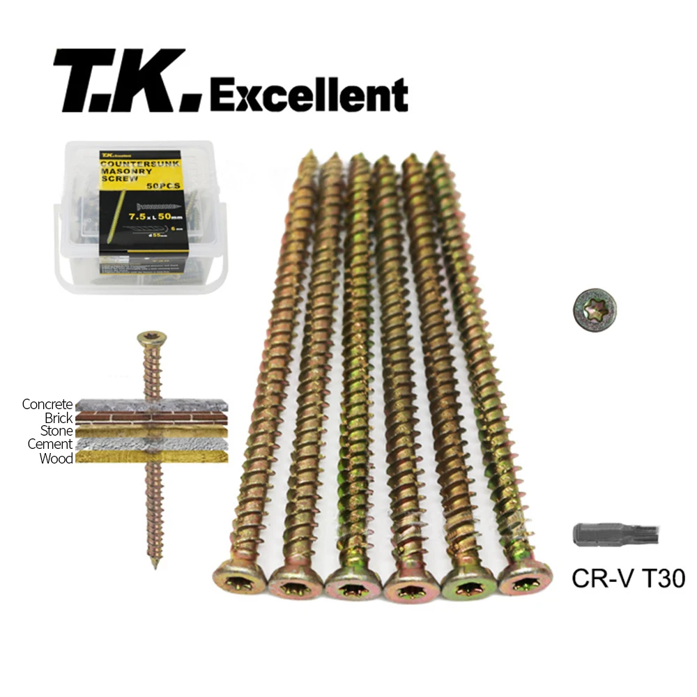 

50pcs Concrete Screws Countersunk Masonry Screw 7.5*50mm Flat Head Concrete Screw Kit Torx Flat Countersunk Head Screws
