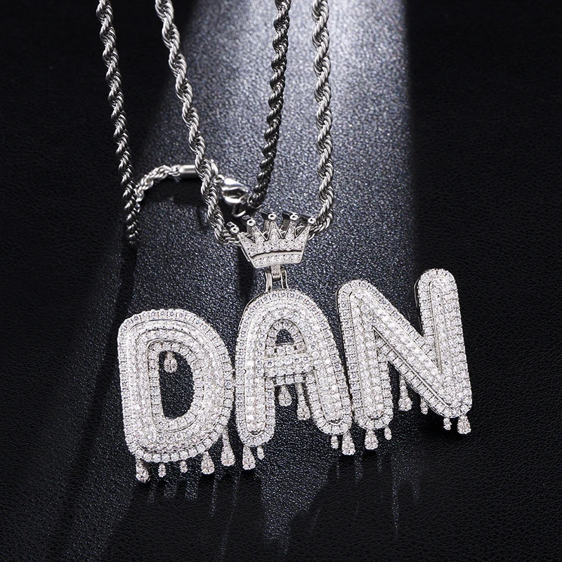 Custom Name Cubic Zircon Crown Drip Iced Out Bubble Letters Chain Pendants & Necklaces For Men Hip Hop Jewelry With Tennis Chain
