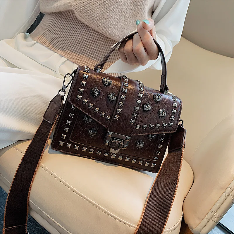 

Textured Hand Rivet Bag Women's 2019 New Style Fashion Korean-style Versatile Retro Broadband Shoulder Square Sling Bag