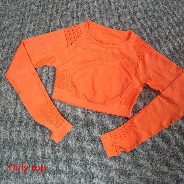 Безупречный вязаный бесшовный комплект для йоги Женская одежда для фитнеса спортивная одежда короткий топ с длинными рукавами+ спортивные сетчатые леггинсы 2 шт. спортивные костюмы - Цвет: Orange top