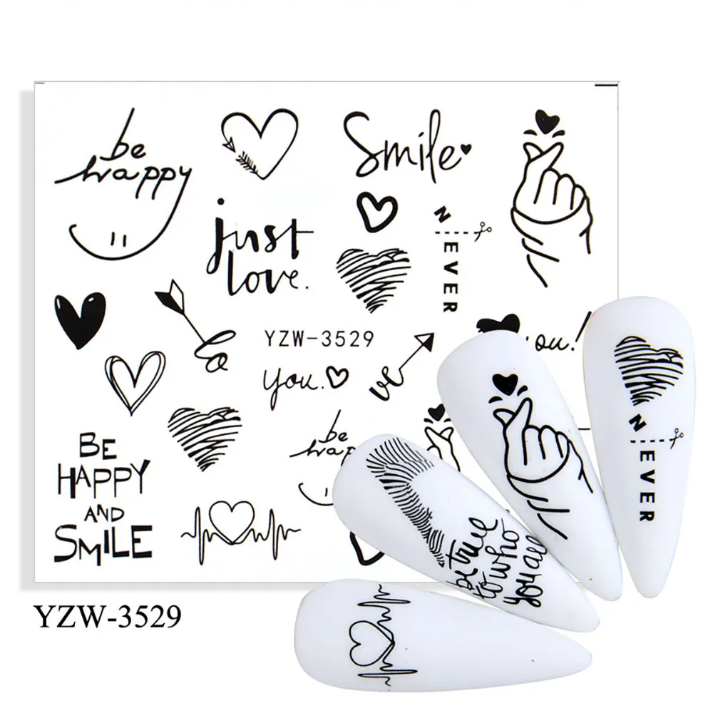 Big Patten Words Nail Stickers For Nails Flower Nail Art Sticker Geometric Black Transfer And Decals Leaf Watermark Nails Decal Nail Stickers