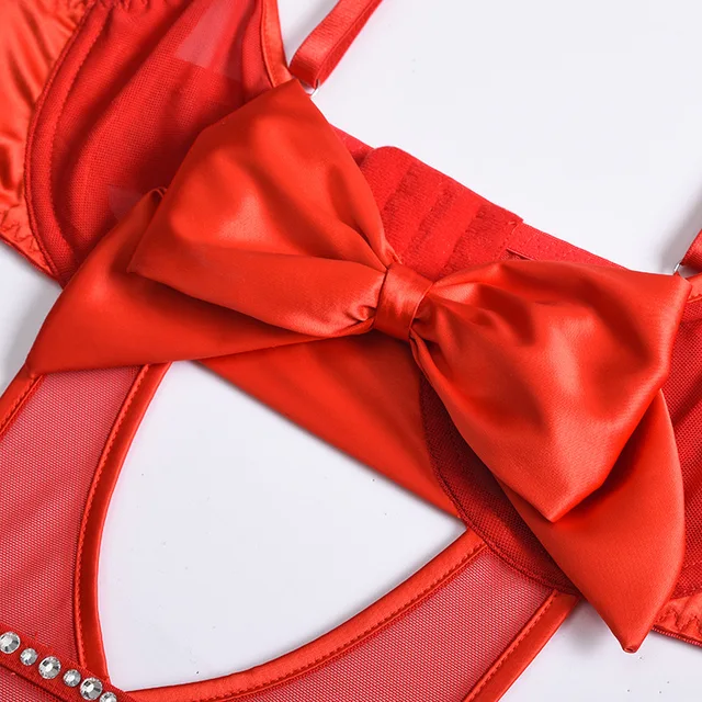 Aduloty جديد حبال سلسلة الربط الجوف مفتوحة الظهر صافي الشاش رقيقة جدا الملابس الداخلية جنسي الملابس المثيرة الأحمر القوس قطعة واحدة الملابس 4