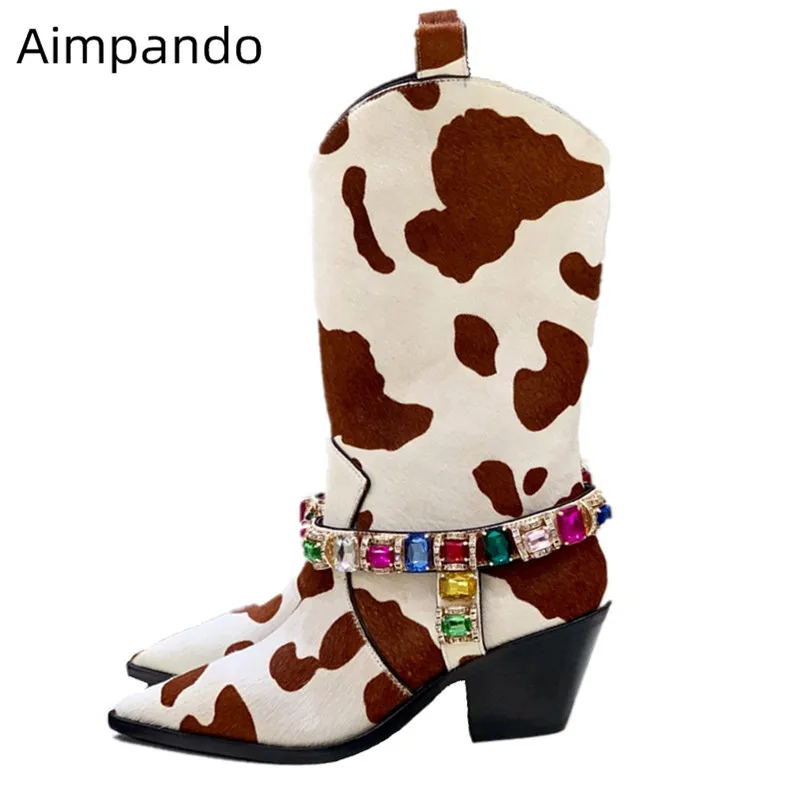 

Luxury Diamond Boots Women Chunky Heel Point Toe Bottes Mid Buckle Decor Crystal Botas Cow-Spots Pattern Walking Boots Woman
