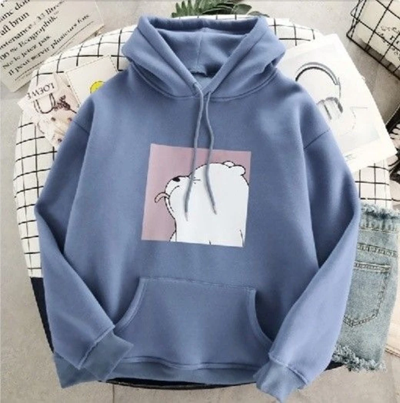

Tongue Sticking Bear Funny Oversize Sweatshirt Kawaii Cartoons Hoodies Grey Top Clothes Hoody Winter Women's Hoodies Full Sleeve