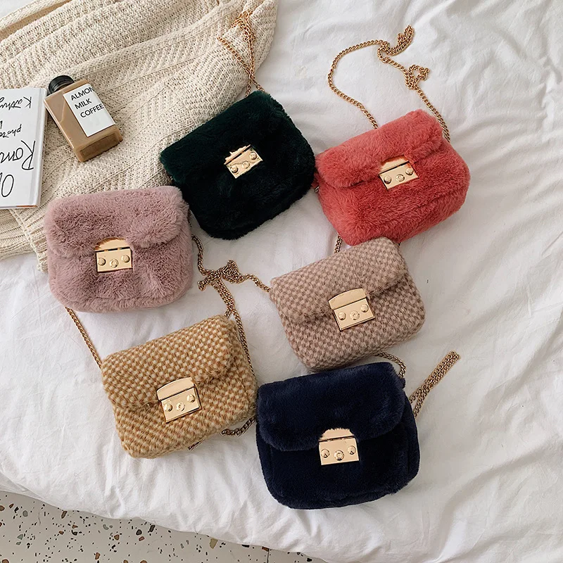 

2020 Autumn And Winter New Style Korean-style INS Mini Plush Bag Fashion Simple Lock Shoulder Bag with Chain