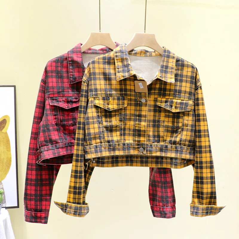 

High Waist Short Retro Denim Jacket Female 2020 Korean Style Candy Color Old Plaid Jeans Jacket Girls Students Slim Fit Coat