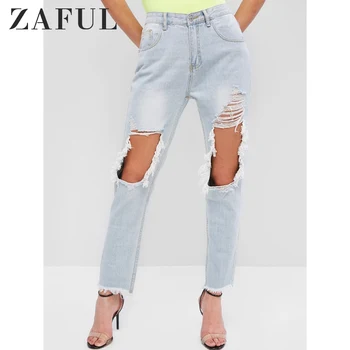 

ZAFUL Ripped Cut Out Frayed Jeans Light Wash Pocket High Waisted Zipper Fly Outwear Cotton Denim Hollow Out Autumn Jeans Women