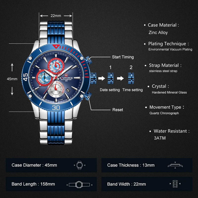 NAVIFORCE мужские часы Топ люксовый бренд Модные Серебристые синие мужские s бизнес часы мужские повседневные хронограф спортивные водонепроницаемые часы