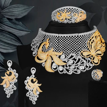 

Luxury Statement Big Necklace Earring Bangle Ring Sets Dubai Jewelry Sets For Women Cubic Zircon Wedding Bridal Jewelry Set