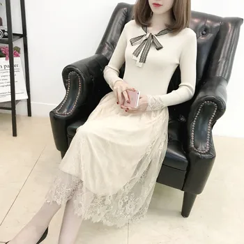 

Aulead 2019 Spring New Fashion Sexy Slim Slimming Lace Stitching Real Shot Mesh Female Dress Two-piece Dresses Woman Party Night