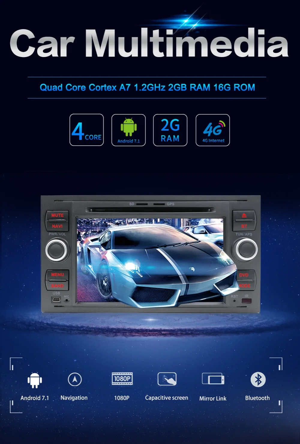 Flash Deal 2G+16 2Din Android 4 Core Car DVD Player GPS Navigation WIFI 4G for FORD connect S-Max C-max Kuga Fusion Transit Fiesta Focus II 2