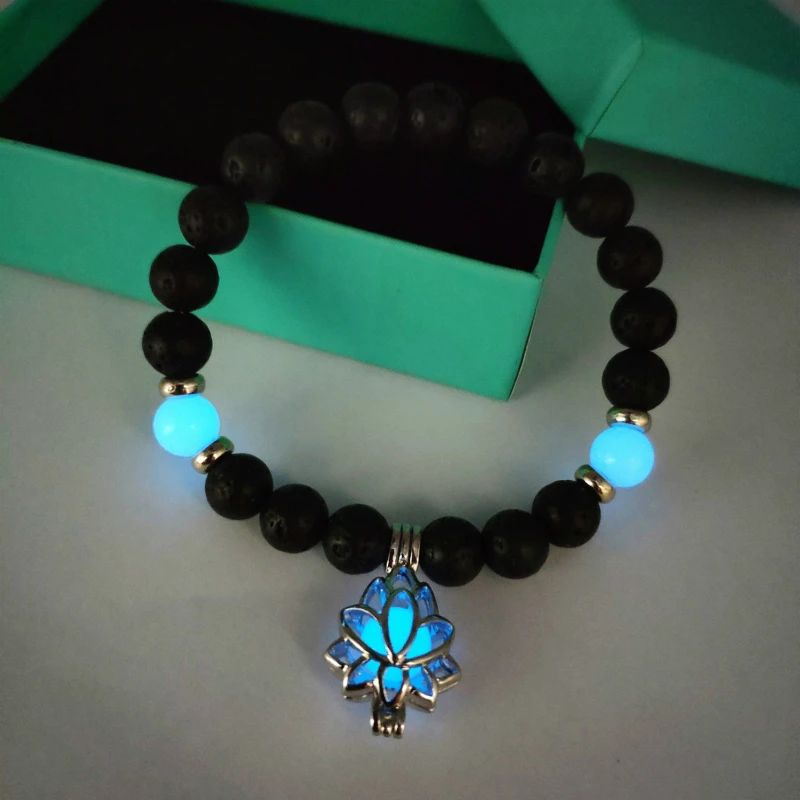 8 мм натуральный камень бусины браслет светится в темноте Лотос кулон браслеты и браслеты унисекс светящиеся украшения Лава аксессуары