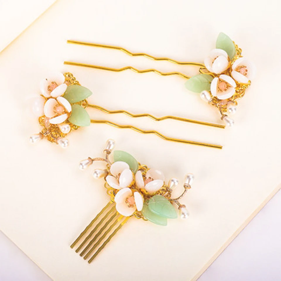 QIANJI hanfu acessórios para o cabelo conjunto completo de grampos de cabelo Perola flores lindo Classico fada hanfeng головной убор - Цвет: Золотой