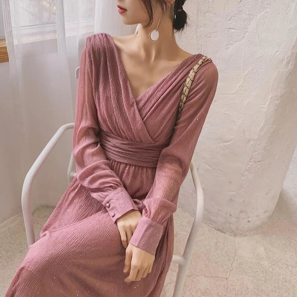 

Vintage Women Long Dress Pleated Party Elegant Solid Female 2020 V-neck Slim High Waist A-line Dress femme Vestidos vs043