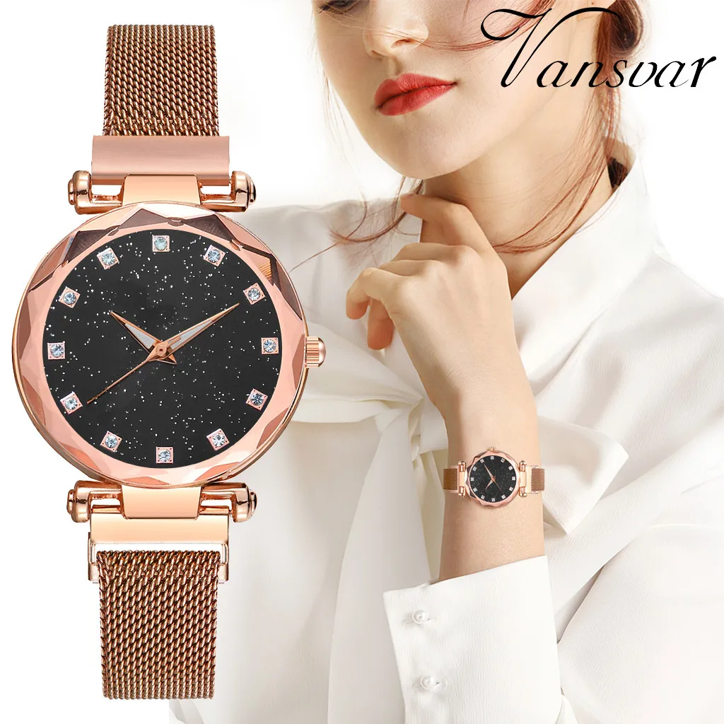 

Rose Gold Women Watch Fashion Simple Starry Dial Stainless Steel Mesh Reloj Mujer Belt Ladies Quartz Watch Gift Relogio Feminino