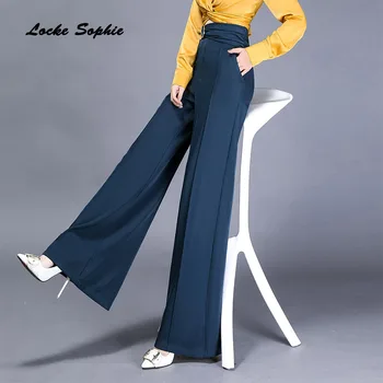 

1pcs High waist Women Plus size wide leg pants trousers 2020 Summer Cotton blend Splicing stripe ladies loose Wide leg trousers