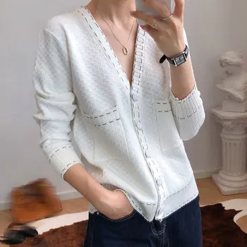 

Spring Autumn White Black Cardigan Women Loose Knitted Jacket Cardigan Sweater Female Elegant Coat Out Wear 2020