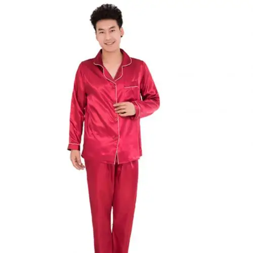 Silk Satin Men Pajamas Set Fashion Sleepwear Couple Solid Color Long Sleeve Suit Casual Two-Piece Pyjama Autumn Elastic Homewear red silk pajamas Men's Sleep & Lounge