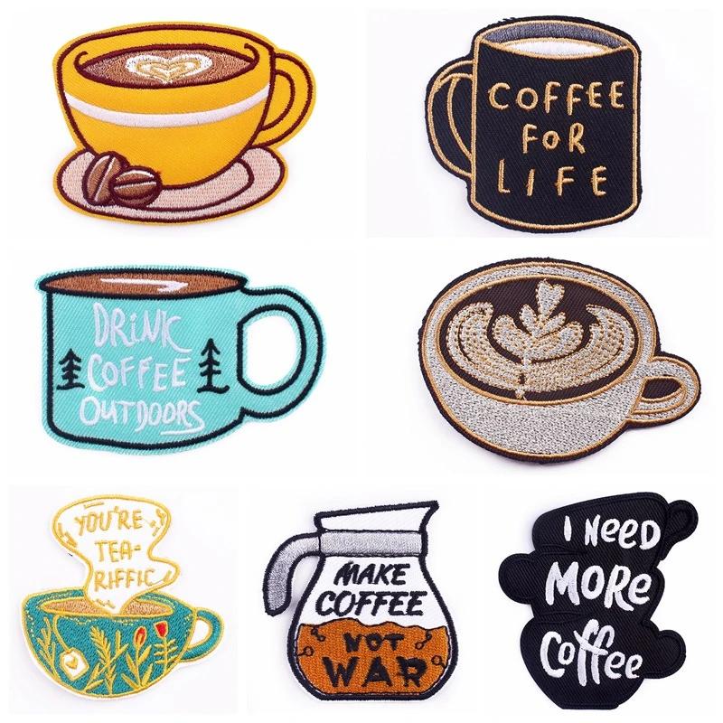 Coffee Cup Embroidery Patches Iron on Cafe Badges for DIY Tshirt Coffee Slogan Appliques Thermo Adhesive Stickers Customizable Pins & Pincushions