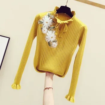 

Yellow Sweater Women New Spring Winter Lace-up Turtle-Neck Embroidered Flowers Long Sleeve Slim-Fit Knit Top Women's Sweaters