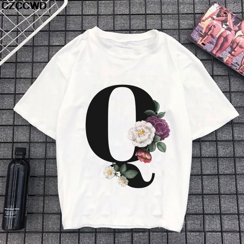 Summer Ulzzang Harajuku Fun Bouquet Of 24 English Letters Print Short Sleeve T Shirt Big Size Loose Vintage Casual Women T-Shirt