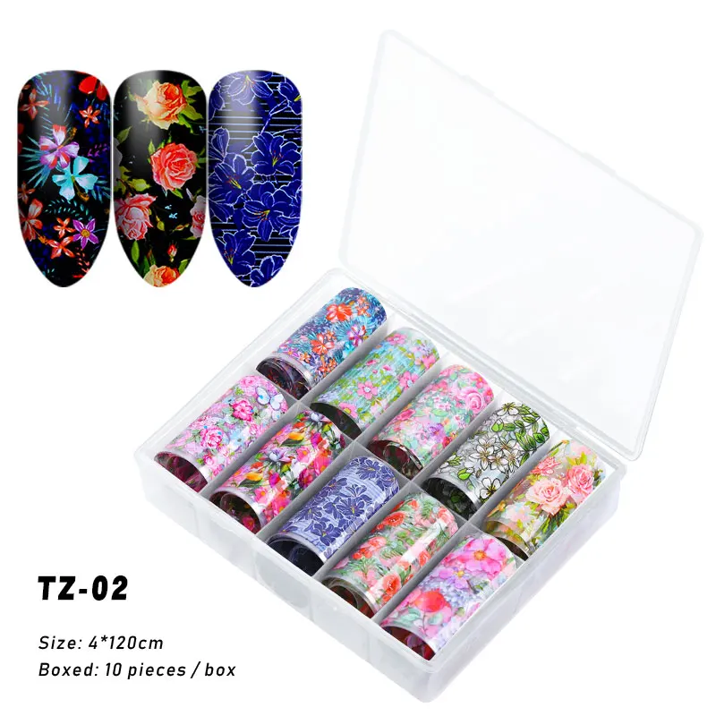 TZ-02 10 шт./кор. Голографическая фольга для ногтей набор 4*120 см смешанный дизайн переводная наклейка лазерные блестящие накладные ногти обертывания украшения для ногтей - Цвет: TZ-02