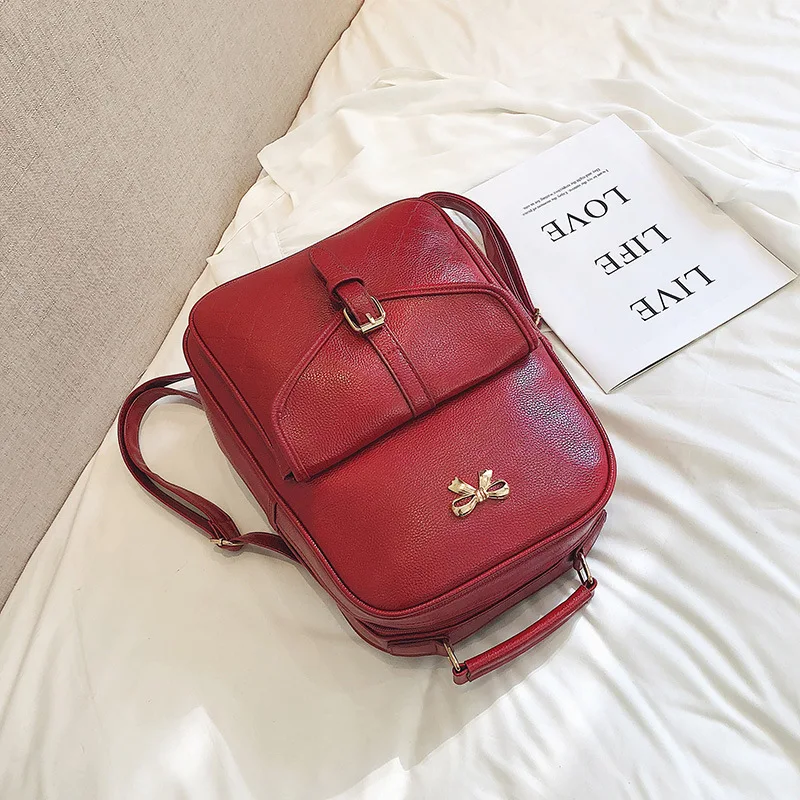 Красный Новая сумка pu женская сумка сплошной цвет прошитый рюкзак - Цвет: Красный