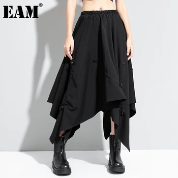 

[EAM] High Elastic Waist Black Irregular Drawstring Personality Half-body Skirt Women Fashion New Spring Autumn 2020 1DD0275