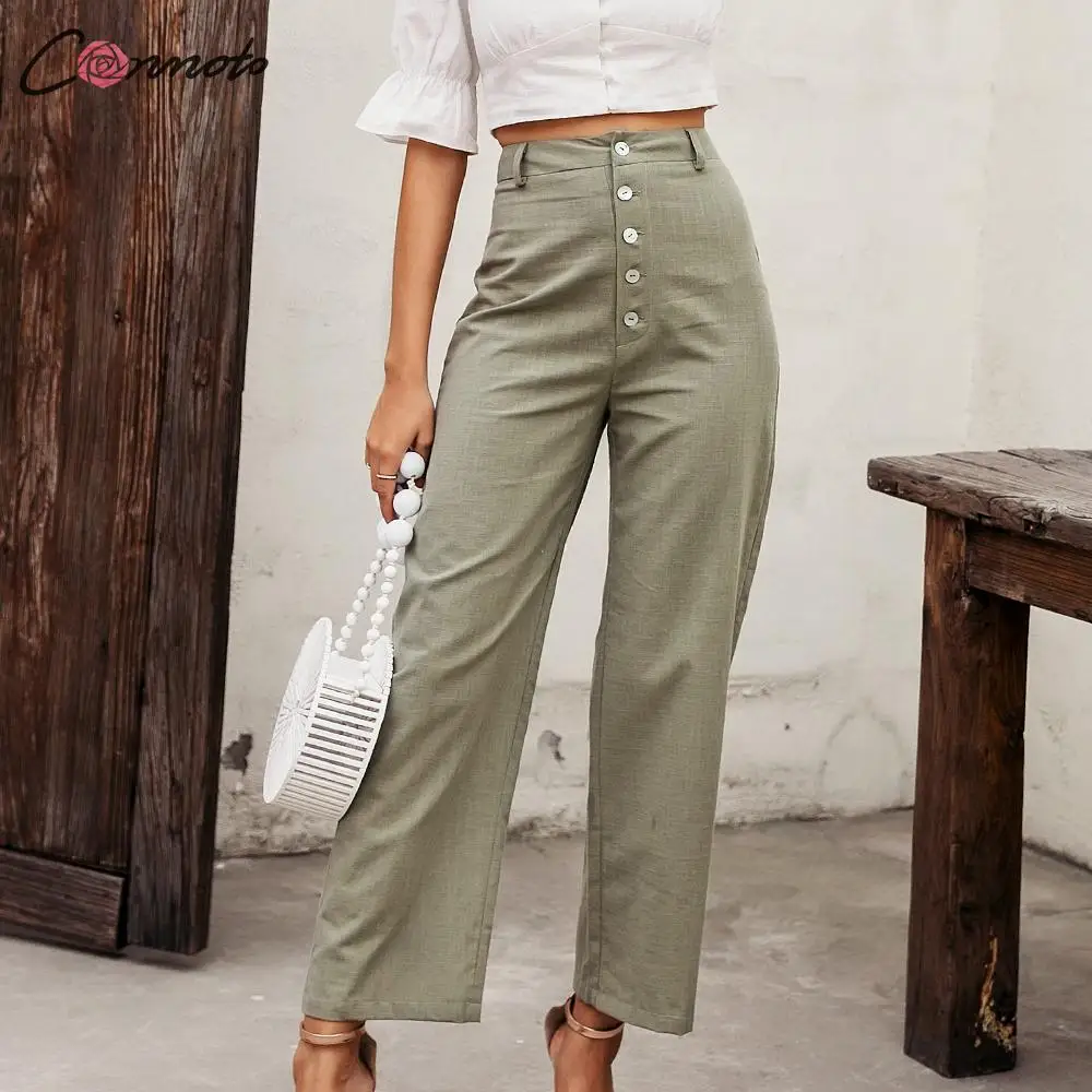 Conmoto high waist casual pants women summer spring solid green trousers high waist green ruffles vintage pants