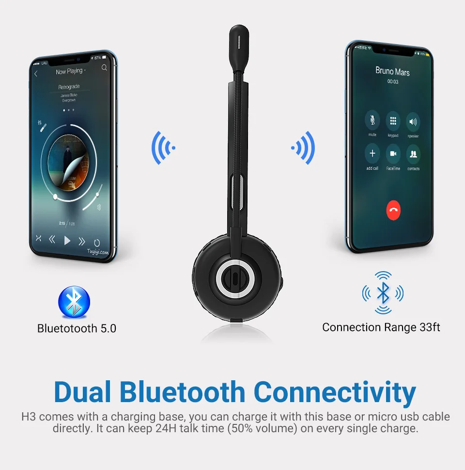 Langsdom H3 Bluetooth 5,0, беспроводные наушники с HD микрофоном, Зарядная база, беспроводные гарнитуры Skype для водителя грузовика, вызов офиса