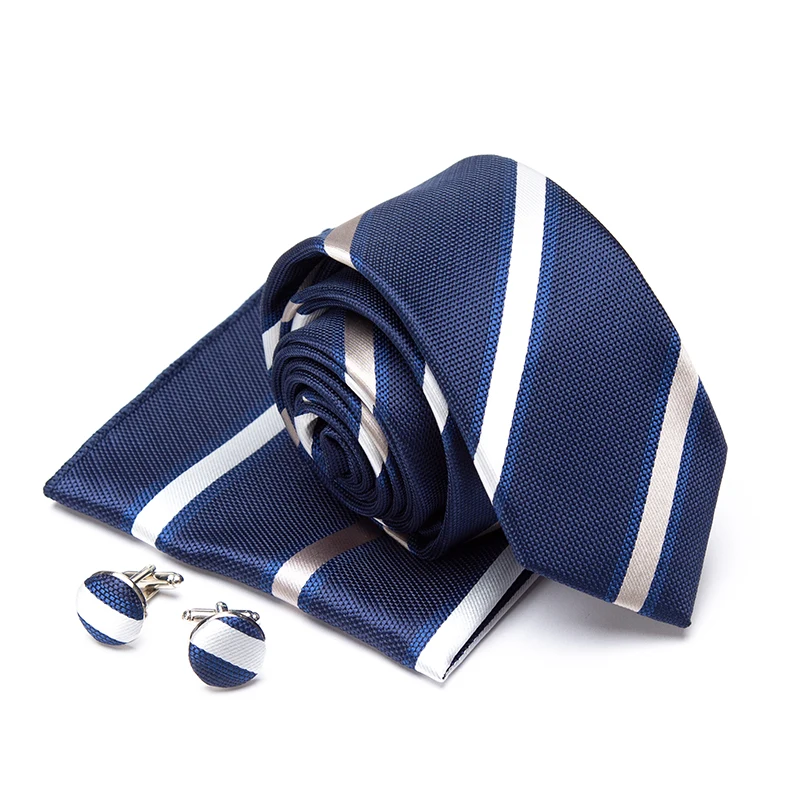 Mens Tie Cravat Cufflinks Set Necktie Fashion Stripe Jacquard Ties for Men Party Man Gift Wedding Dress Handkerchief Accessories